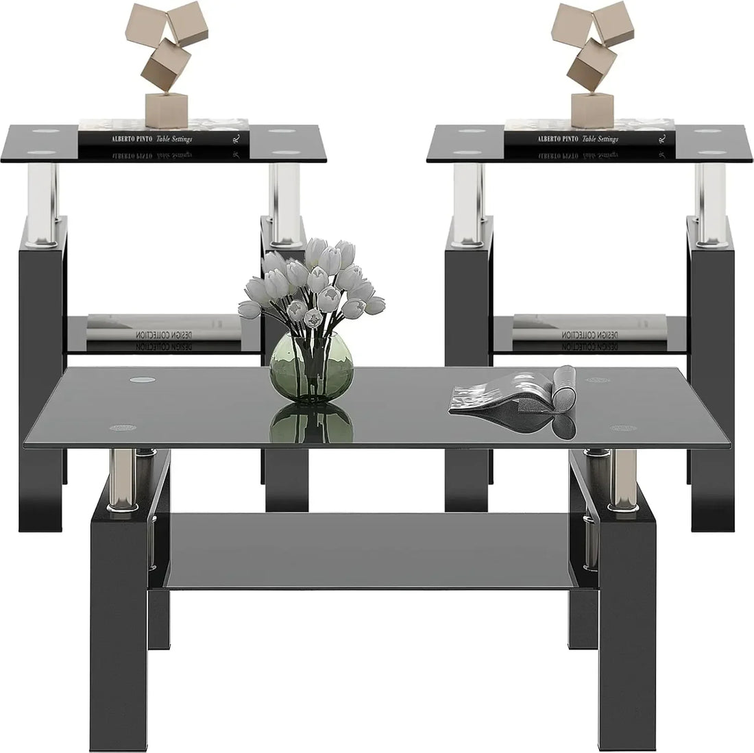 Limited timeBestsellerBlack Glass Coffee Table Set of 3 Piece, Living Room Tables Set of 3 Pcs, Including 1 Coffee Table and 2 E
