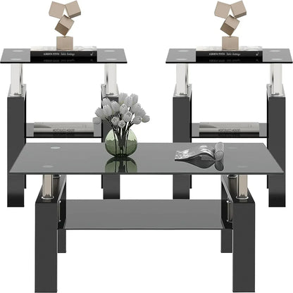 Limited timeBestsellerBlack Glass Coffee Table Set of 3 Piece, Living Room Tables Set of 3 Pcs, Including 1 Coffee Table and 2 E