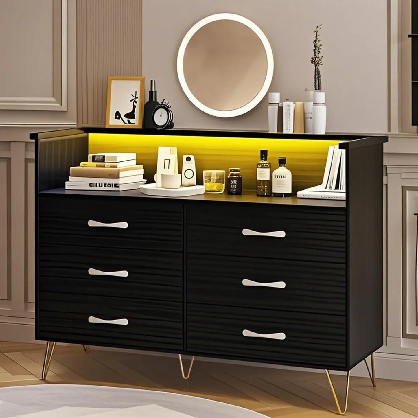 Pink Dresser with LED Light for Bedroom 6 Drawer Dressers with Charging Station Chests of Drawers Sturdy Steel Frame Wooden Top