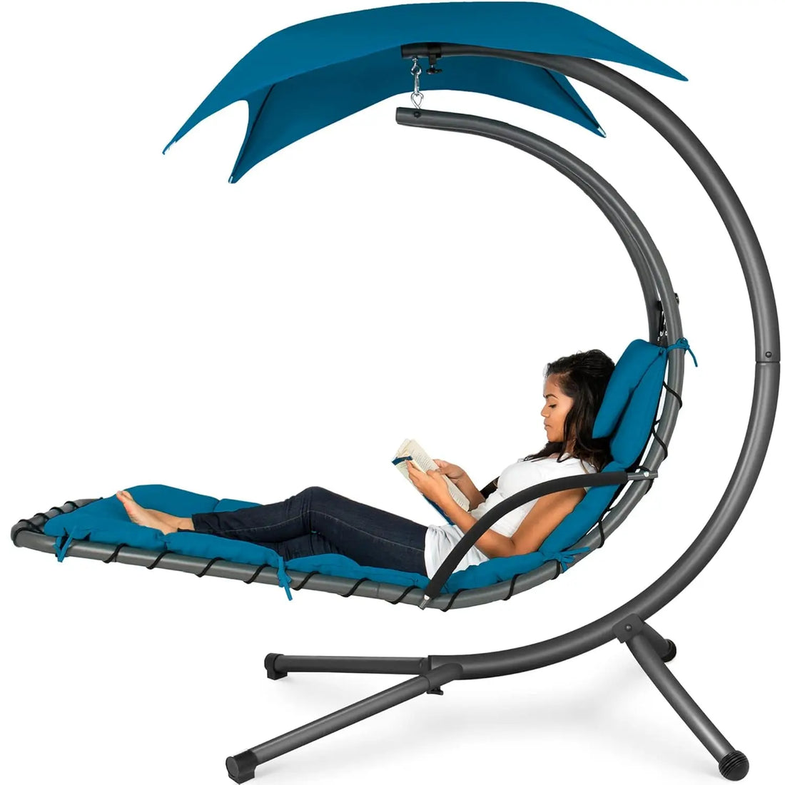 Outdoor Hanging Curved Steel Chaise Lounge Chair Swing w/Built-in Pillow and Removable Canopy - Peacock Blue, Customized