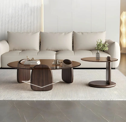Glass Round Coffee Table Nesting Table Set of 2, Rustic Low Coffee Table Modern Center Table with Wood Base, Brown Glass Accent