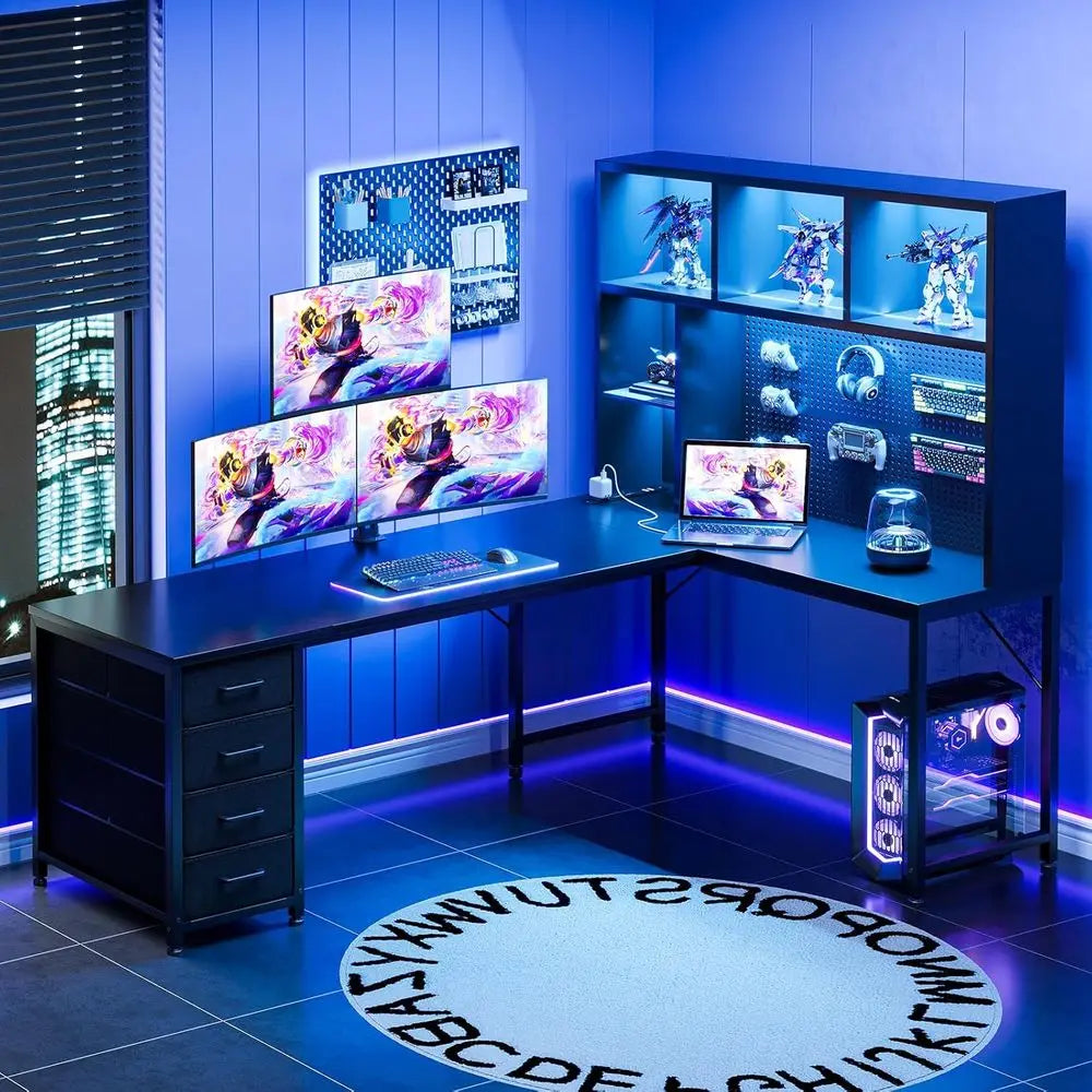 L Shaped Gaming Desk With Hutch, Pegboard, Shelves, LED Lights