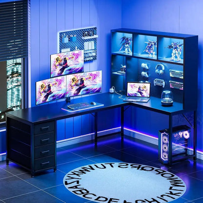L Shaped Gaming Desk With Hutch, Pegboard, Shelves, LED Lights
