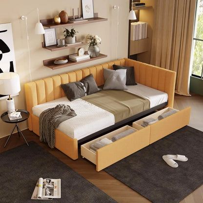 Twin Size Daybed, Upholstered Twin Daybed with 2 Storage Drawers, Linen Fabric Twin Size Sofa Bed Frame, No Box, Customized