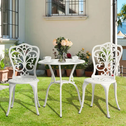 3pc Cast Aluminum Bistro Set, Rose Pattern Outdoor Garden Balcony, Rust &amp; All-Weather Resistant, White, Customized