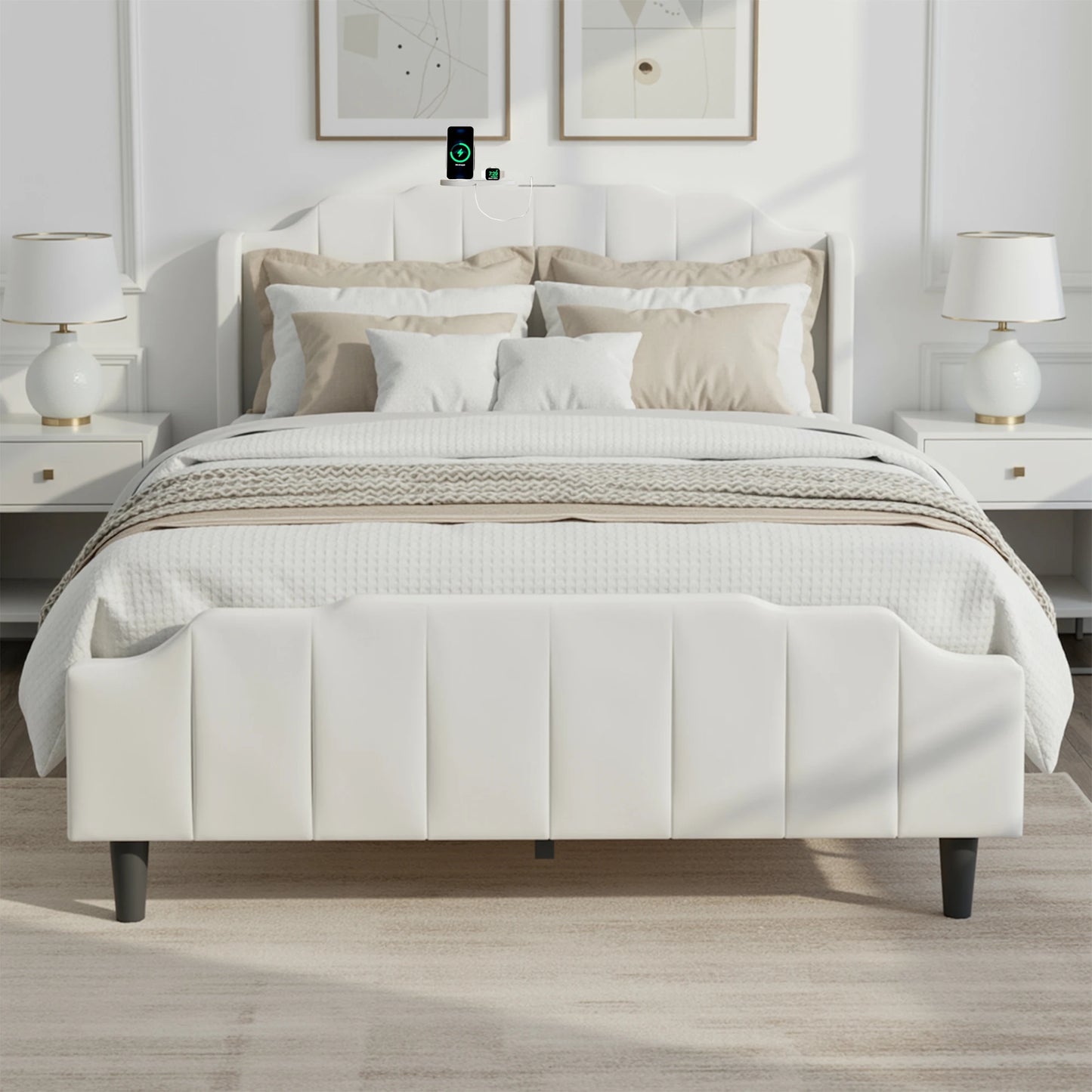HOOMIC Velvet Platform Bed Frame With Headboard And Charging Station