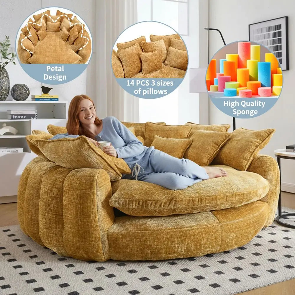 Oversized Round Sofa Bed, Large Chenille Bean Bag Chair, No Assembly Required Cloud Couch, Fluffy Plush Chaise Lounge Chair Ind