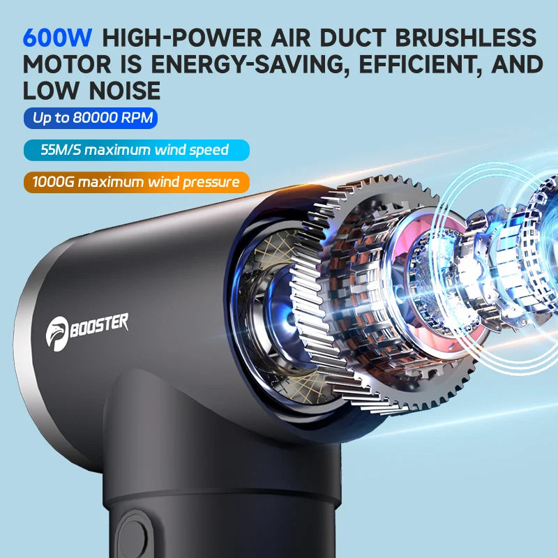 BOOSTER Turbo Dryer Blower for Car 4 Speeds 170 ft/s Wind Speed Car Dryer Air Blower 600W &amp; 50mm Large Diameter Ducted Brushless