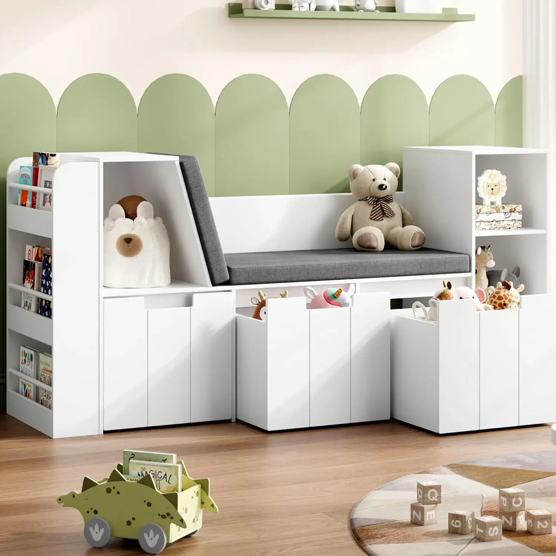 61.5 Kids Reading Nook with 3-Layer Bookshelf, Reading Nook for Kids with Double Bench and Rolling Drawers, Bookshelf and Toy St