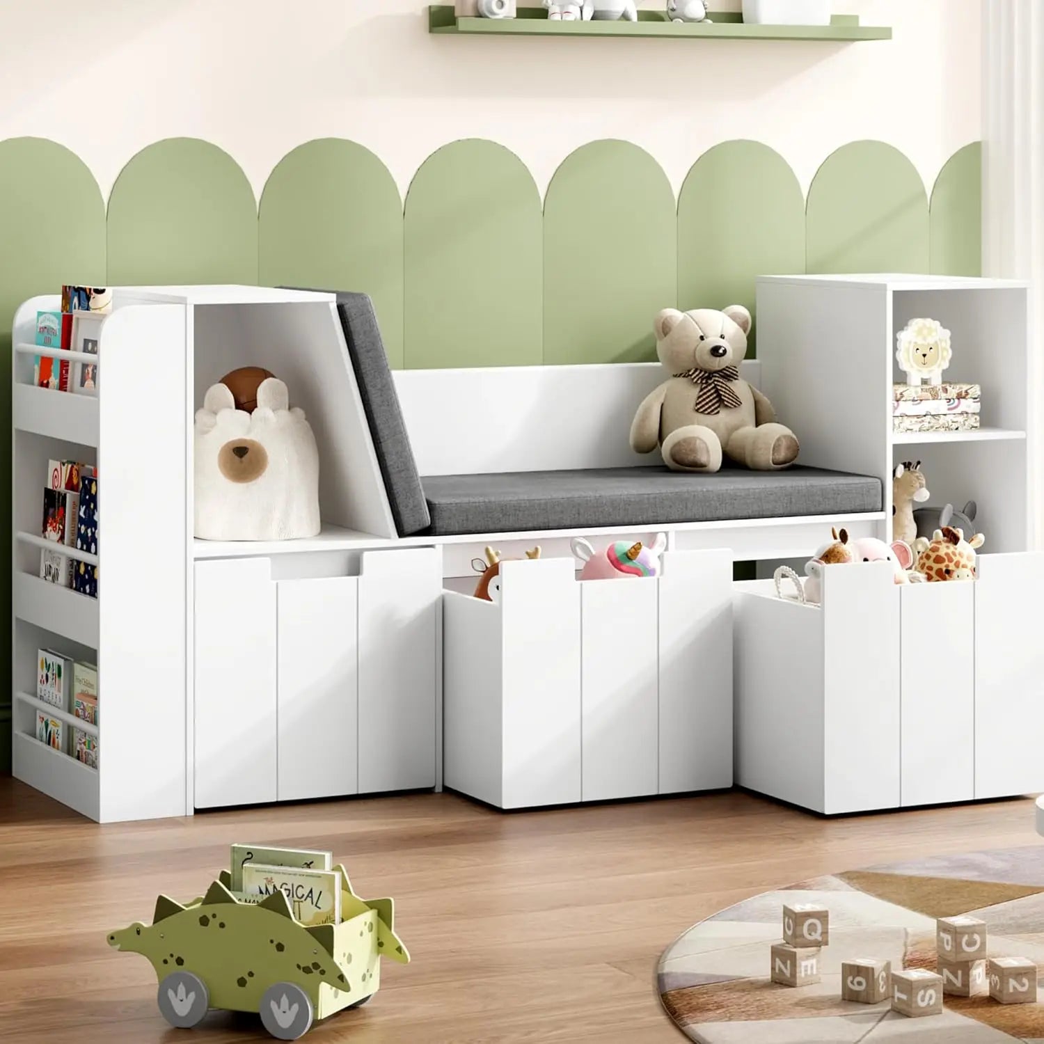 61.5 Kids Reading Nook with 3-Layer Bookshelf, Reading Nook for Kids with Double Bench and Rolling Drawers, Bookshelf and Toy St