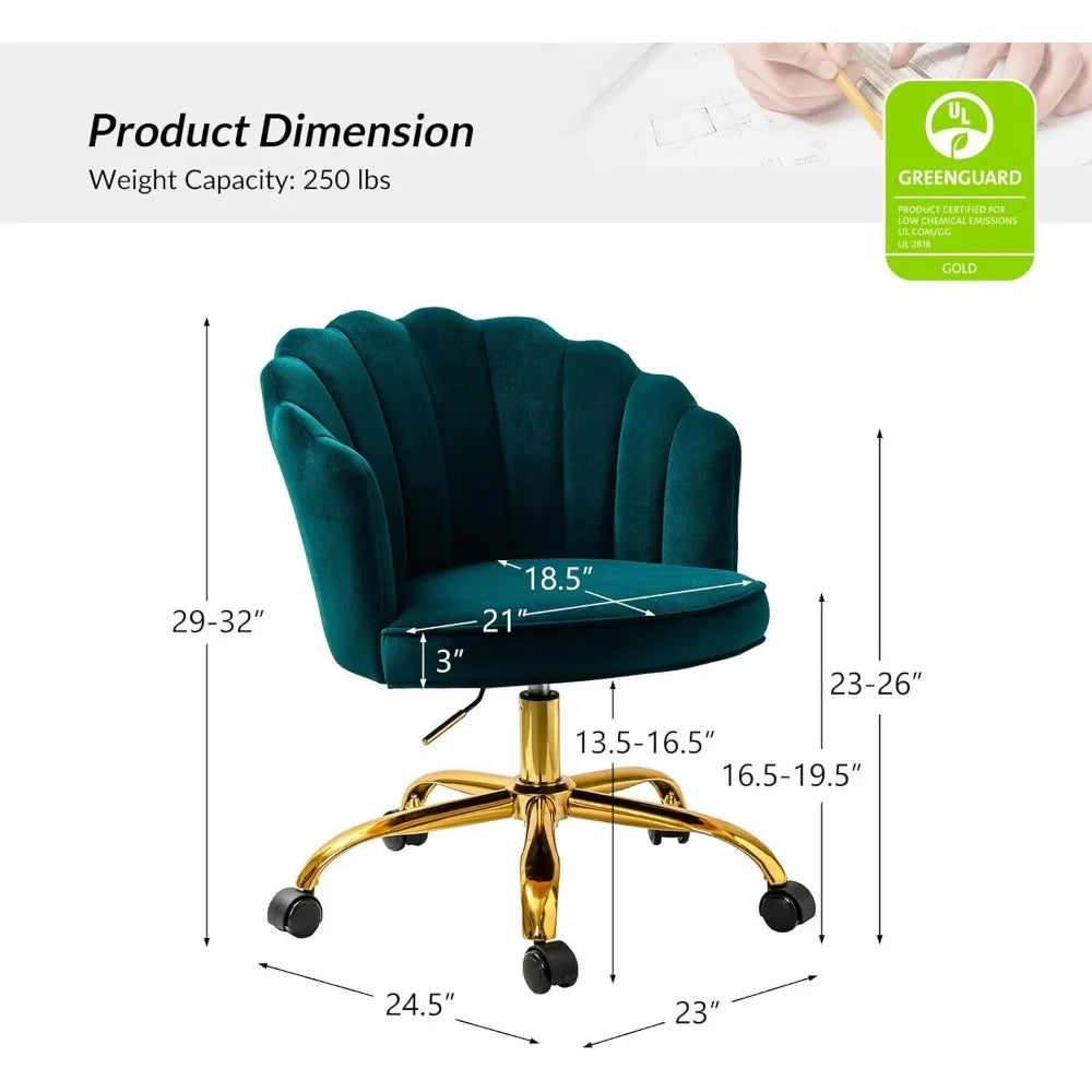 Velvet Home Office Chair with Gold Base, Womans Modern Cute Shell Back Upholstered Desk Chair for Vanity, Adjustable