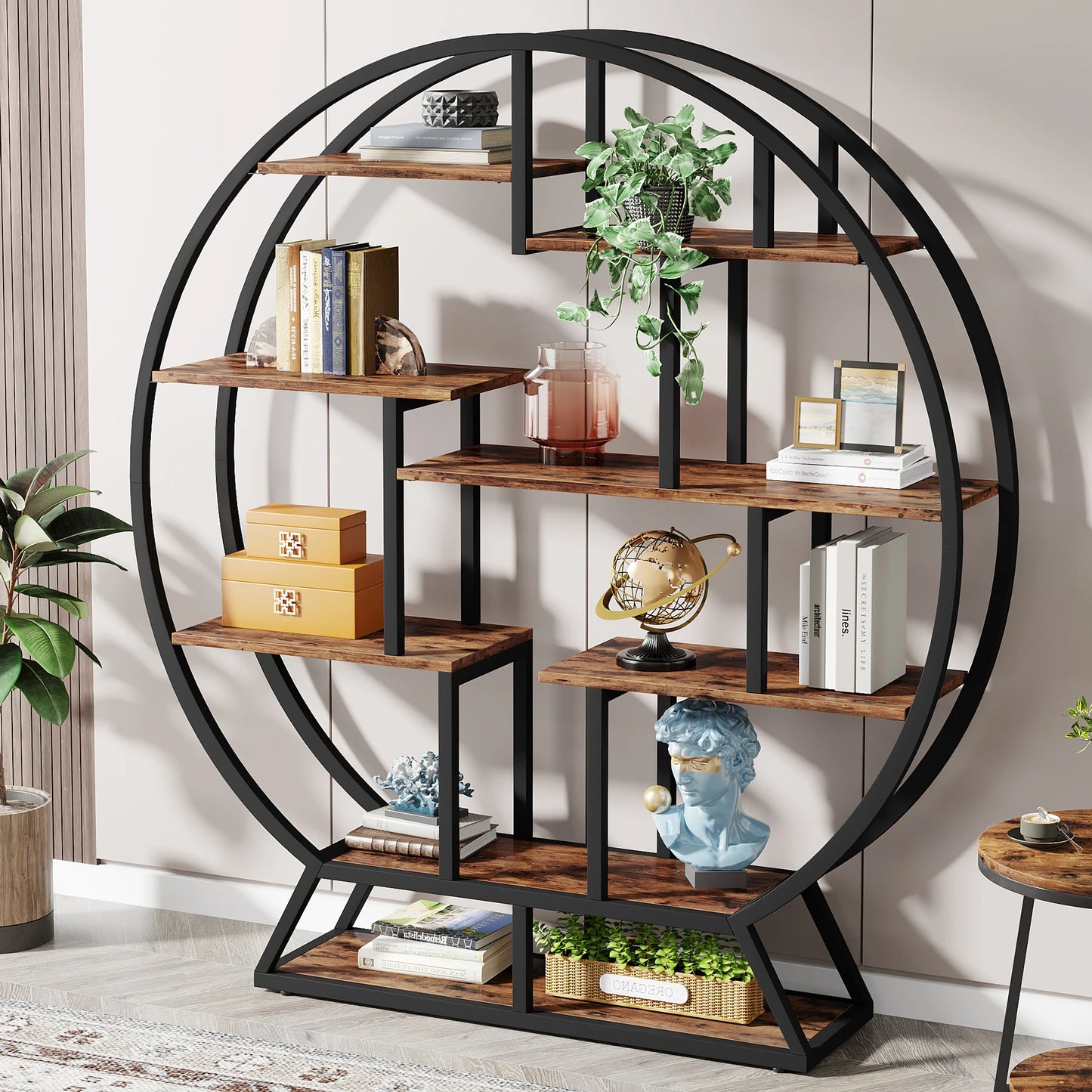 Tribesigns Round Etagere Bookshelf With Staggered Shelves Industrial Iron