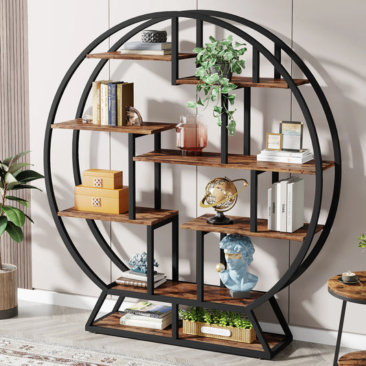 Tribesigns Round Etagere Bookshelf With Staggered Shelves Industrial Iron