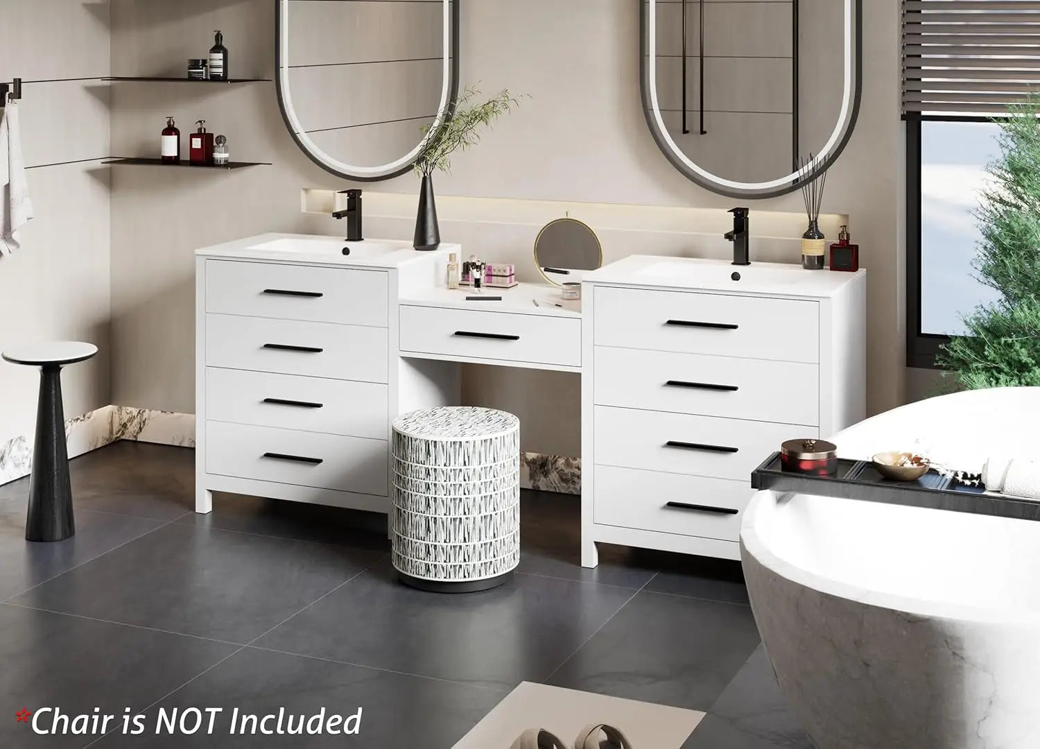 84" Modern Bathroom Vanity Sink Combo with 24" Makeup Desk 30" Dual Basins Faucets Drains White Customized