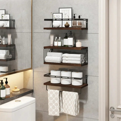 Tomnk Wall Mounted Bathroom Shelves Over Toilet, Rustic Wood Floating Shelves With Metal Frame And Towel Bar For Bathroom, Kitch