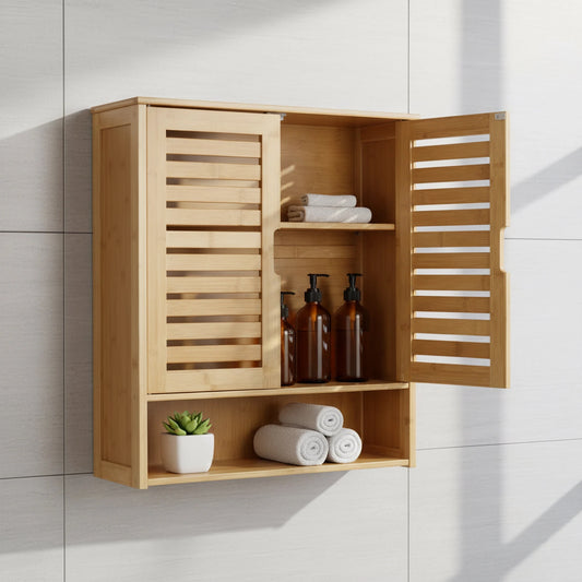 Wisfor Wall Mounted Bamboo Bathroom Cabinet Over Toilet 2 Doors