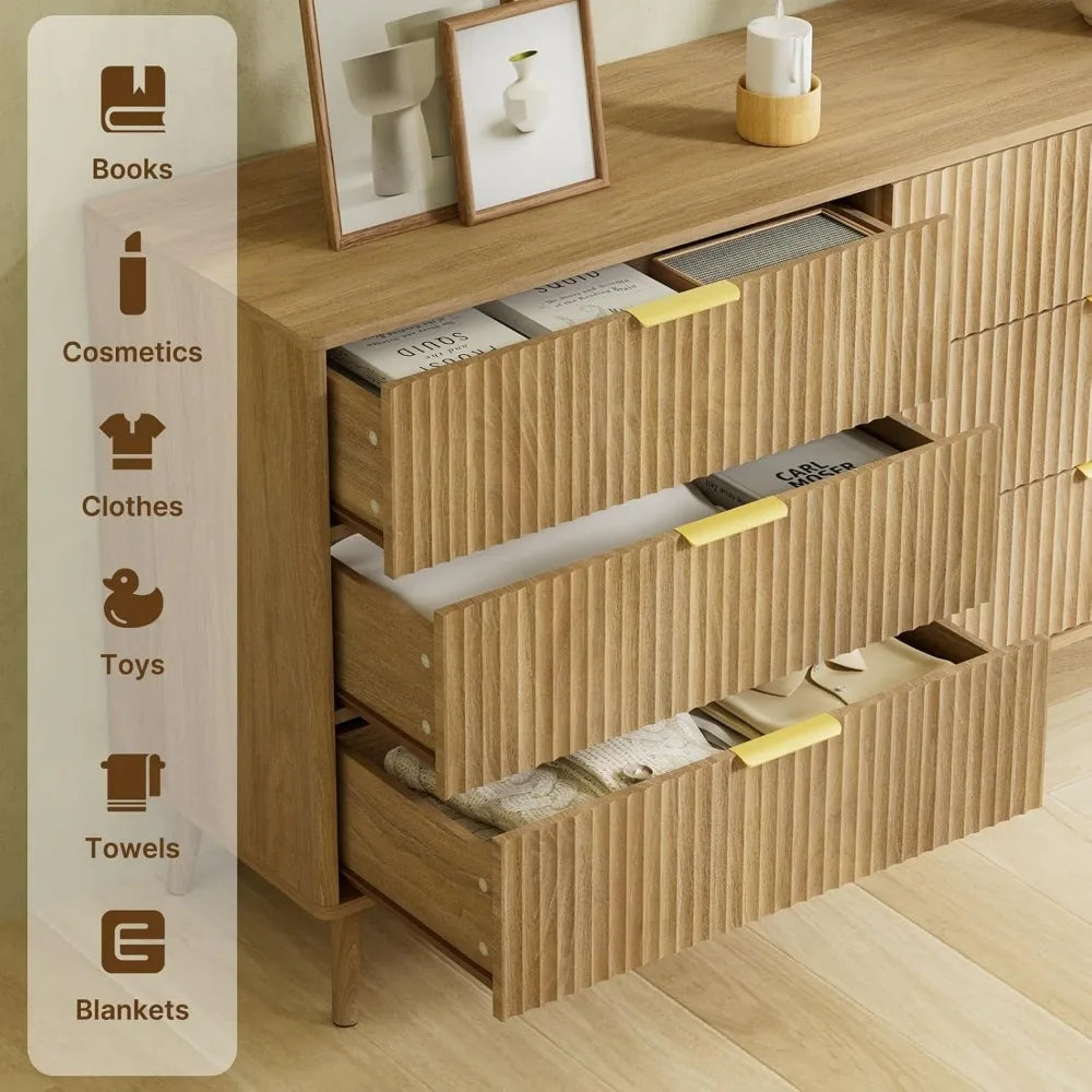 Natural Oak Dresser and Nightstand Set for Bedroom, Modern 3 Pieces Bedroom Furniture Set with Fluted Panel, Large 6 Drawer Dre