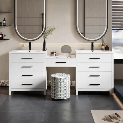 84" Modern Bathroom Vanity Sink Combo with 24" Makeup Desk 30" Dual Basins Faucets Drains White Customized