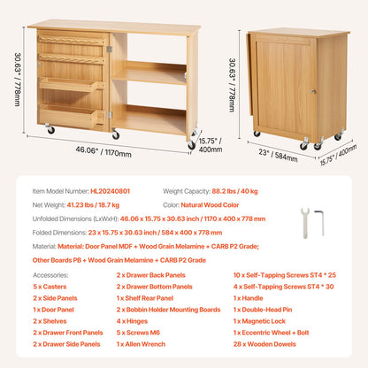 SucceBuy Folding Sewing Machine Table with Wheels and Storage Shelves