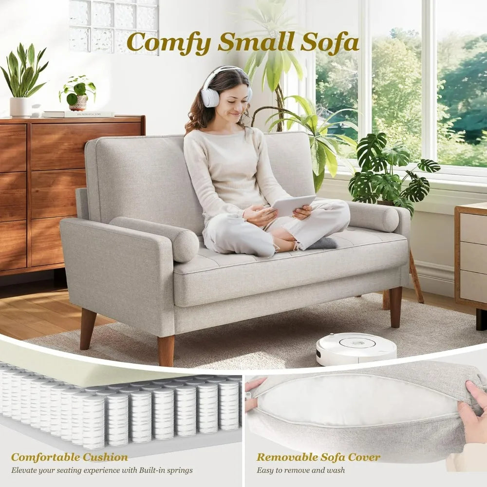 48 Inch Vesgantti Loveseat Sofa - Solid Wood Legs Mid Century Modern Easy Assembly Couch Throw Pillow Ashbeige for Apartment