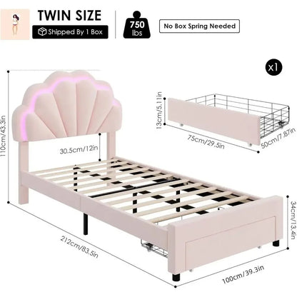 Upholstered LED Bed with Storage, Adjustable Headboard, Solid Wood Slats, No Box Spring Needed, Pink for Girls/Kids