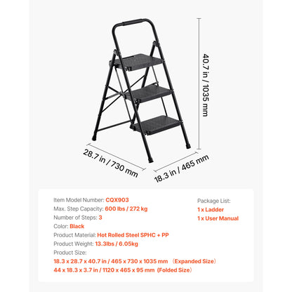 SucceBuy 2/3/4/5 Step Ladder Folding Step Stool with Wide Anti-Slip Pedal Tray Dual Side Handrails 600 home Household and Office