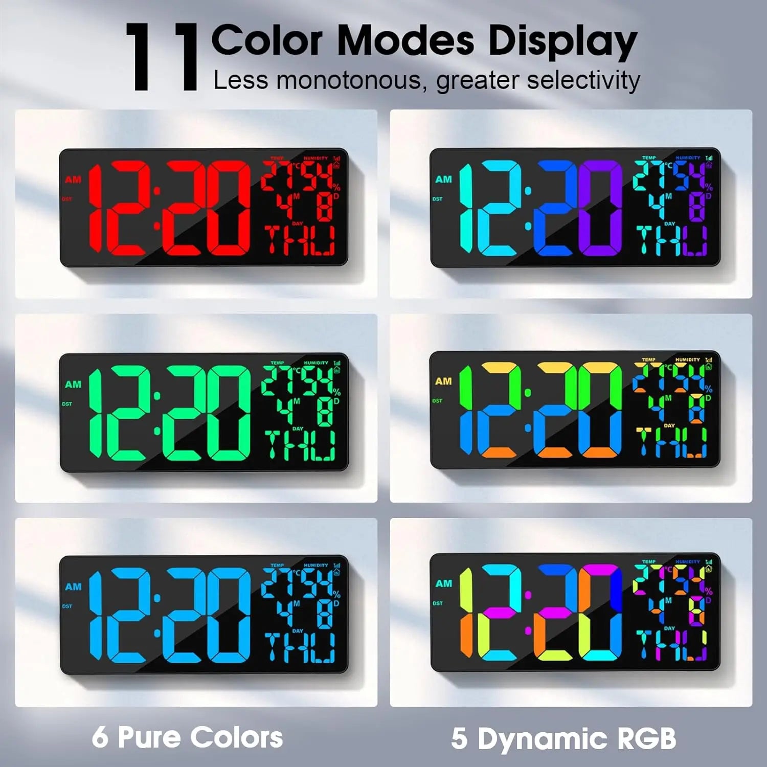 18-inch Digital Wall Clock with Bluetooth Sync, 11 RGB Colors, Remote Control, Alarm/Timer &amp; Temperature Display