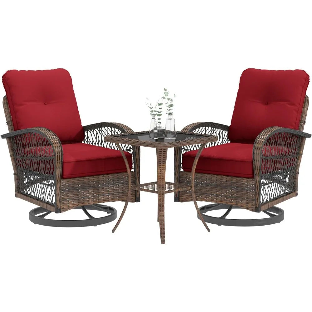 3 Pieces Patio Furniture Set, Outdoor Swivel Rocker Patio Chairs, Wicker Patio Bistro Set with Rocking Chair, Thickened Cushions