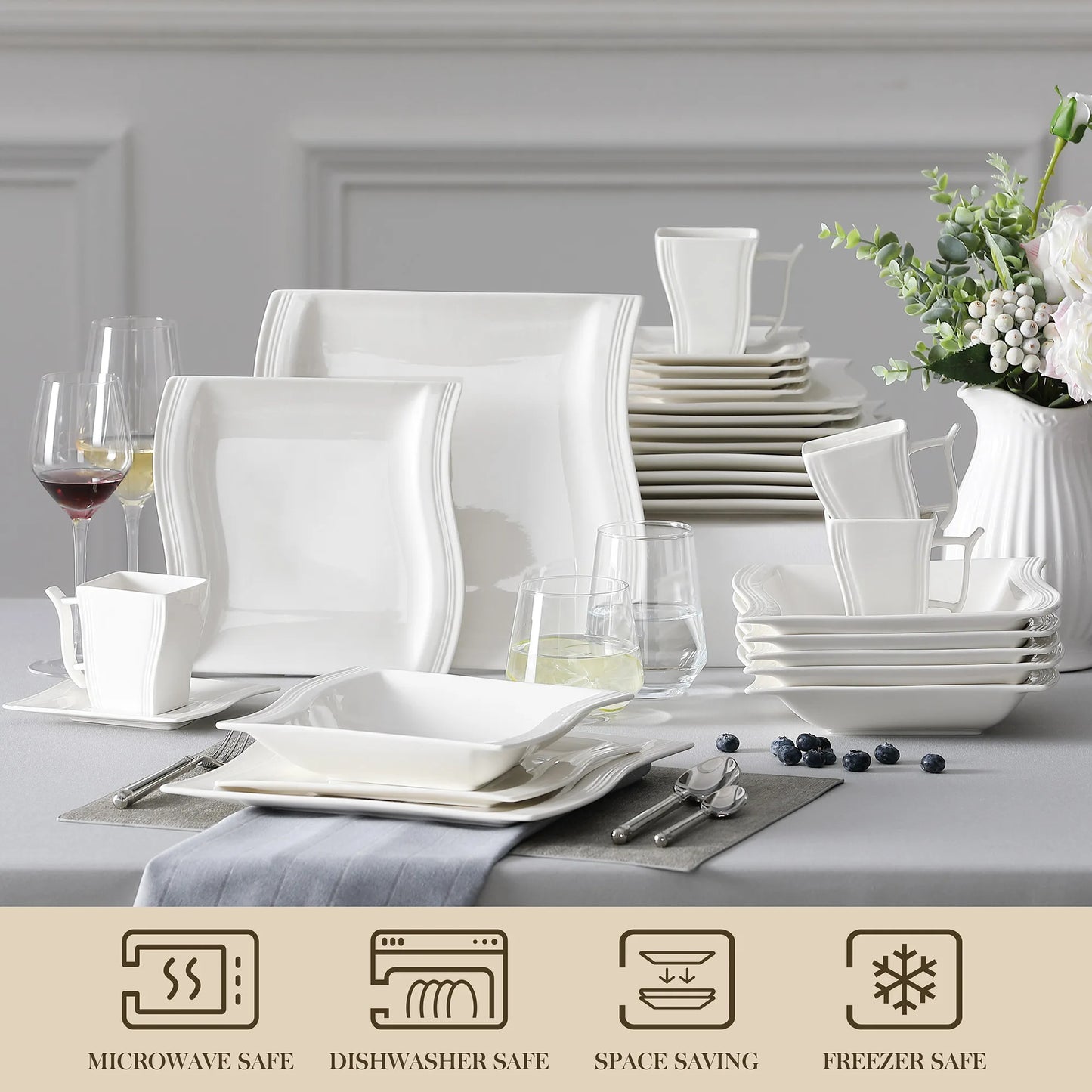MALACASA Flora Porcelain Dinnerware Collection for 12 People 60-Piece PremiumDeluxe