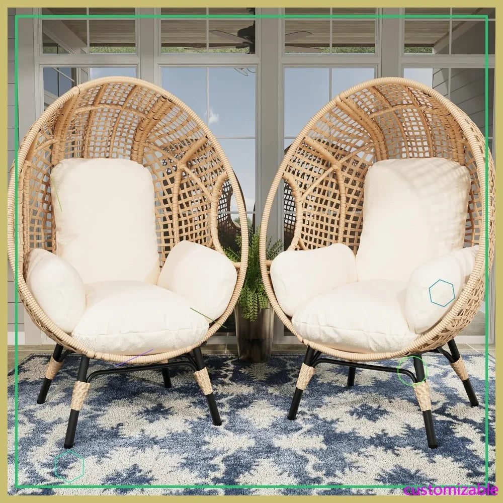 2 Pcs Oversized Wicker Egg Chair with Cushion, 500lbs Capacity, Indoor Outdoor Rattan Patio Lounge for Living Room Balcony