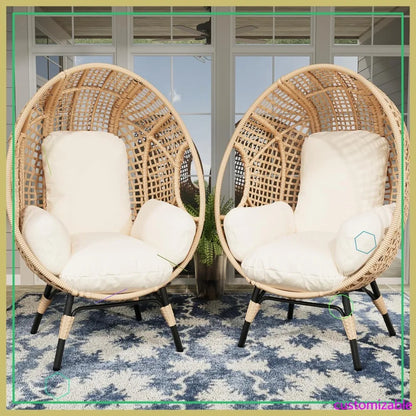 2 Pcs Oversized Wicker Egg Chair with Cushion, 500lbs Capacity, Indoor Outdoor Rattan Patio Lounge for Living Room Balcony