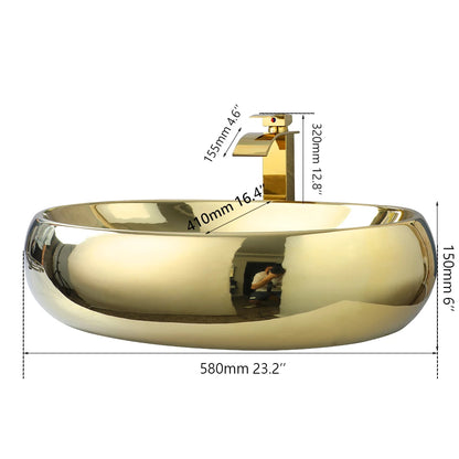 KEMAIDI 23 Inch Bathroom Vessel Sink Gold Ceramic Sink Bowl w/ Waterfall Faucet and Drain Combo Modern Vessel Sink Above Counter