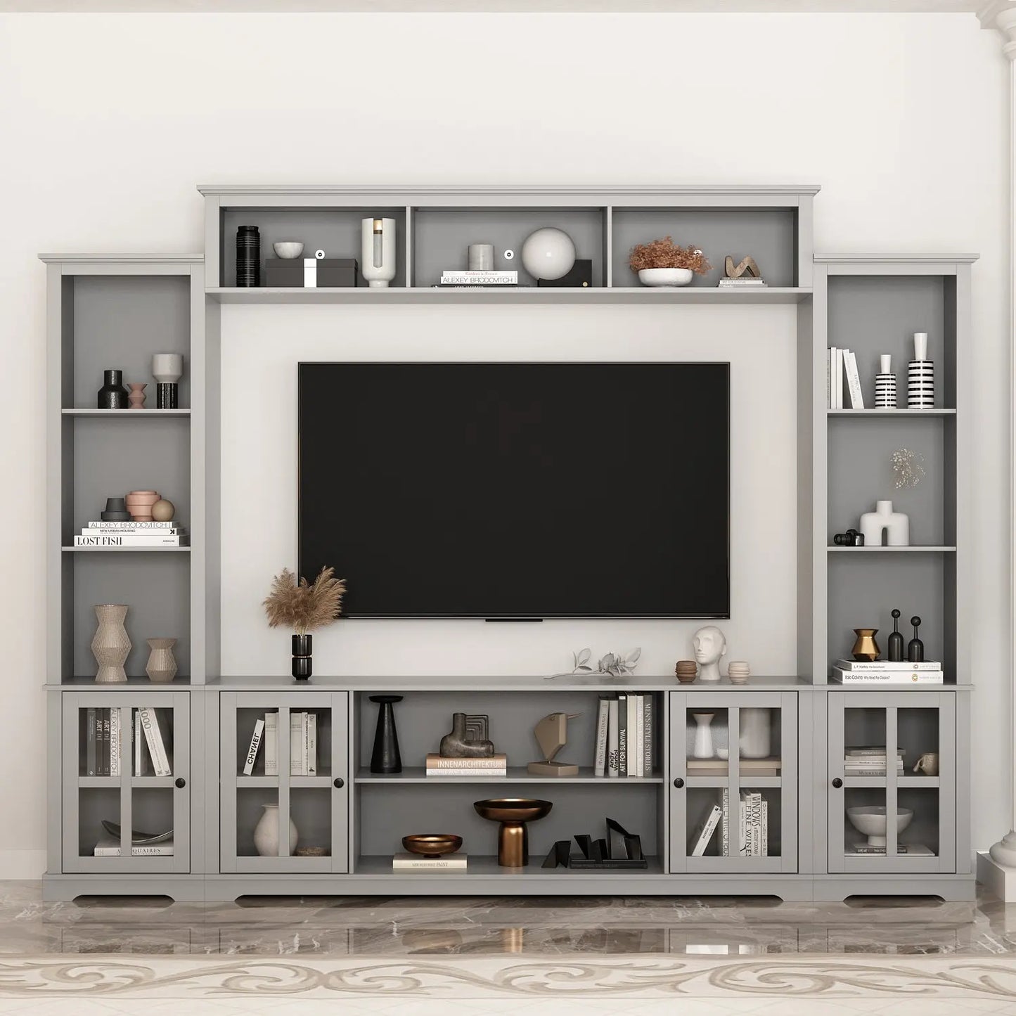 FUFU&GAGA Modern TV Stand for up to 66" TVs, 4-Piece Wall Unit with Bookshelves, Glass Doors & Open Shelves, for Living Room