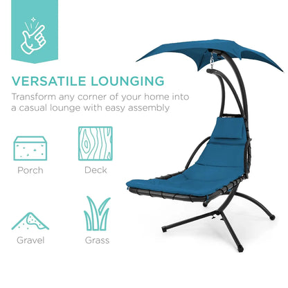 Outdoor Hanging Curved Steel Chaise Lounge Chair Swing w/Built-in Pillow and Removable Canopy - Peacock Blue, Customized