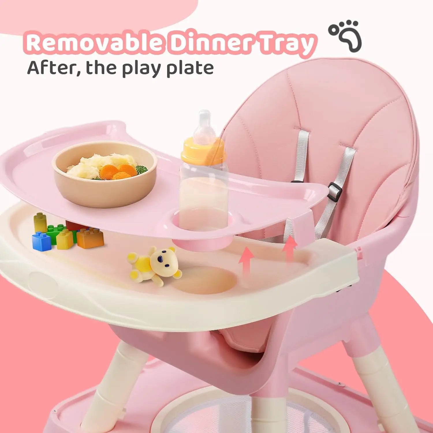 7-in-1 Convertible High Chair for Babies and Toddlers with Storage Basket in Pink