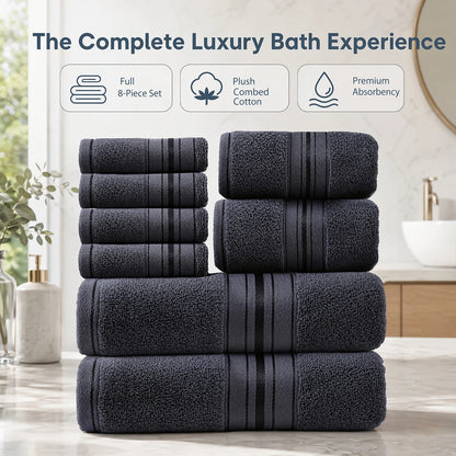 8 Piece Luxury Towel Set – Majestic Plush, Super Absorbent &amp; Quicker-to-Dry, Thick 100% Ring Spun Cotton Towels for Bathroom, Spa &amp; Hotel – 2 Bath, 2 Hand, 4 Washcloths