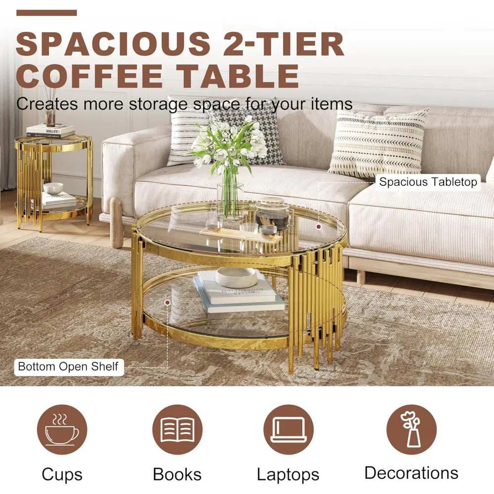 MKDK 3 Piece Glass Coffee Table Set With End Tables Stainless Steel Frames