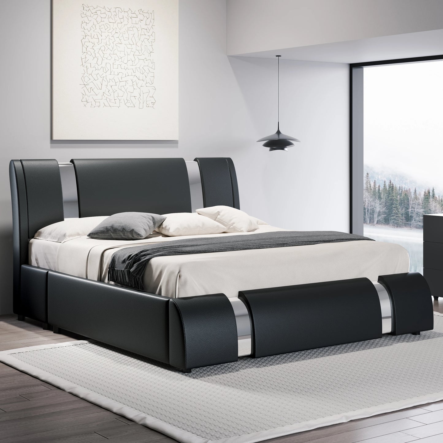 HOOMIC Modern Faux Leather Platform Bed Frame With Iron Accents