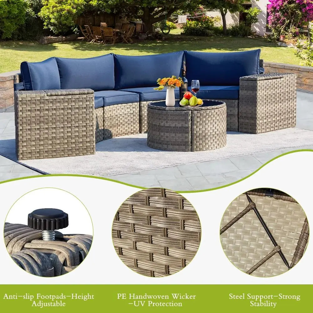 7 Piece Outdoor Hal Moon urniture, Wicker Patio Sectional Contion Set with 2 Storage Armrests and Circle Glass Table, Gray Ratta