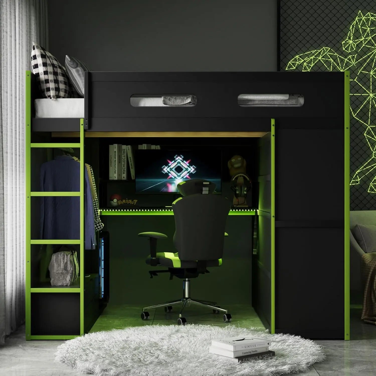 Full Wood Gaming Loft Bed Desk Storage Shelves LED Charging Station Kids Bedroom No Box Spring, Customized