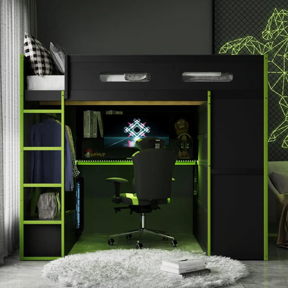 Full Wood Gaming Loft Bed Desk Storage Shelves LED Charging Station Kids Bedroom No Box Spring, Customized