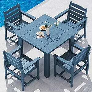 Outdoor Dining Set for 4, HDPE Square Table and Chairs Set All Weather Patio Dining Set with 4 Classic Dining Chairs, 5-Piece P