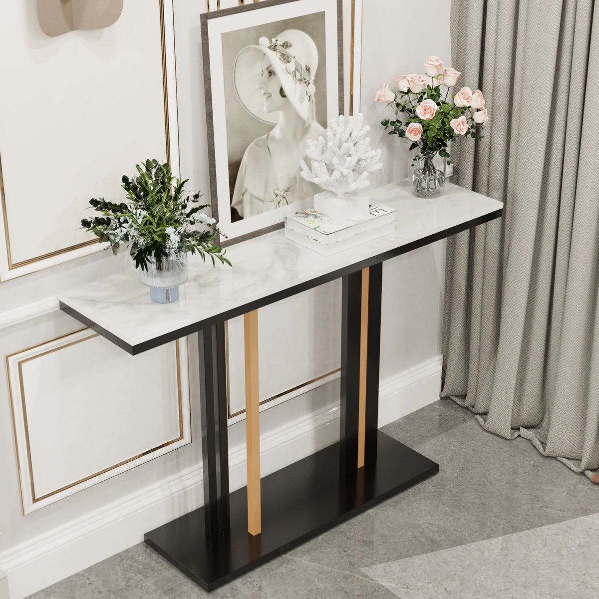 Contemporary Style Console Table with Stone Top and Pedestal Base for Hall Marble Slate Narrow Table Against The Wall Porch