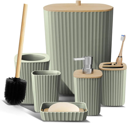 Sage Green Bathroom Accessory Set, 6PC with Toilet Brush, Trash Can &amp; Soap Dispenser for Modern Bathrooms