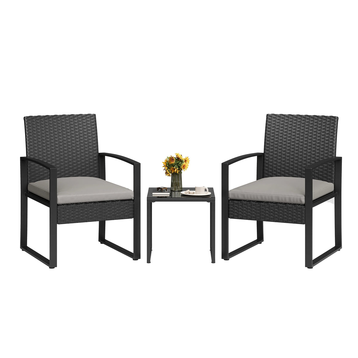 3-Piece PE Rattan Patio Bar Set, Outdoor Bar Height Bistro Table and 2 Stools with Tempered Glass Tabletop, Weather Resistant Wicker Patio Furniture Set, Modern Conversation Bar Set for Garden Balcony Backyard