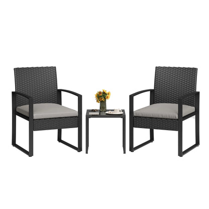 3-Piece PE Rattan Patio Bar Set, Outdoor Bar Height Bistro Table and 2 Stools with Tempered Glass Tabletop, Weather Resistant Wicker Patio Furniture Set, Modern Conversation Bar Set for Garden Balcony Backyard