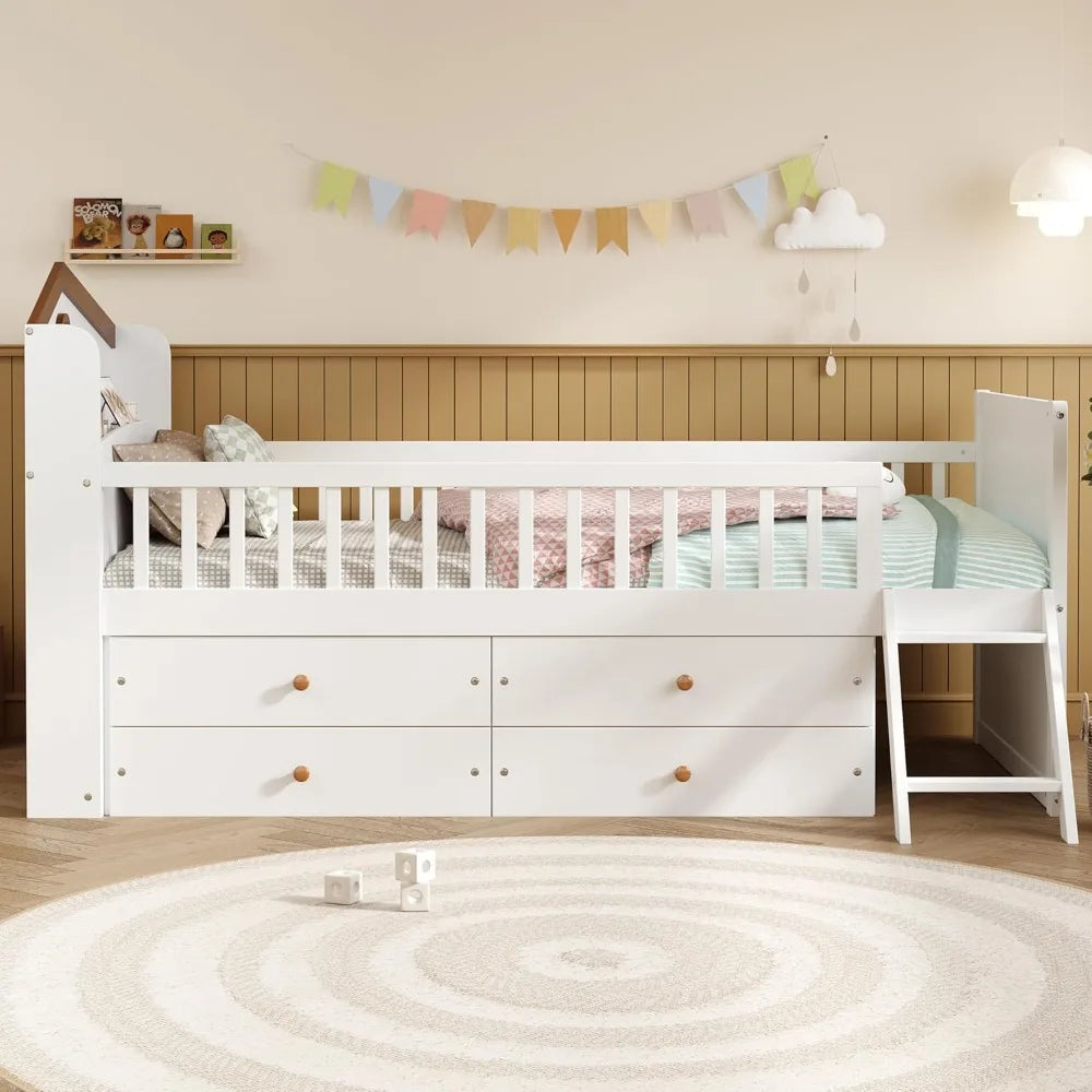 Platform Bed With House Headboard Guardrail and Four Storage Drawers