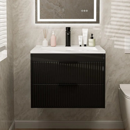 24" Modern Floating Bathroom Vanity with Sink, Double Drawers, Black Handles - White Resin Combo Set