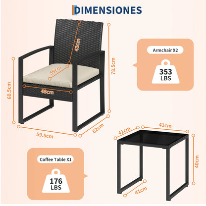 3-Piece PE Rattan Patio Bar Set, Outdoor Bar Height Bistro Table and 2 Stools with Tempered Glass Tabletop, Weather Resistant Wicker Patio Furniture Set, Modern Conversation Bar Set for Garden Balcony Backyard