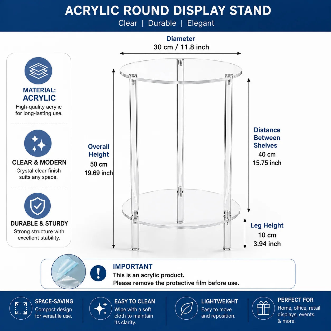 Modern Round Acrylic End Table - Crystal Clear Nightstand with Storage Shelf - 2-Tier Small Coffee Table for Living Room, Bedroo